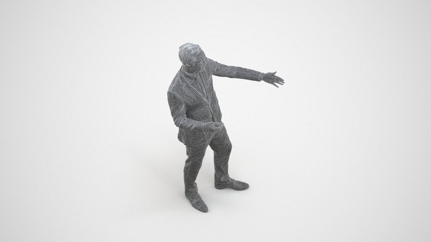 realistic 3D human man business shopping, archviz people FBX OBJ for Blender, wireframe three-quarter view