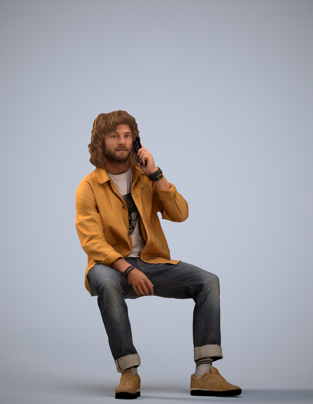 3D human model man casual sitting, photogrammetry scanned person for archviz