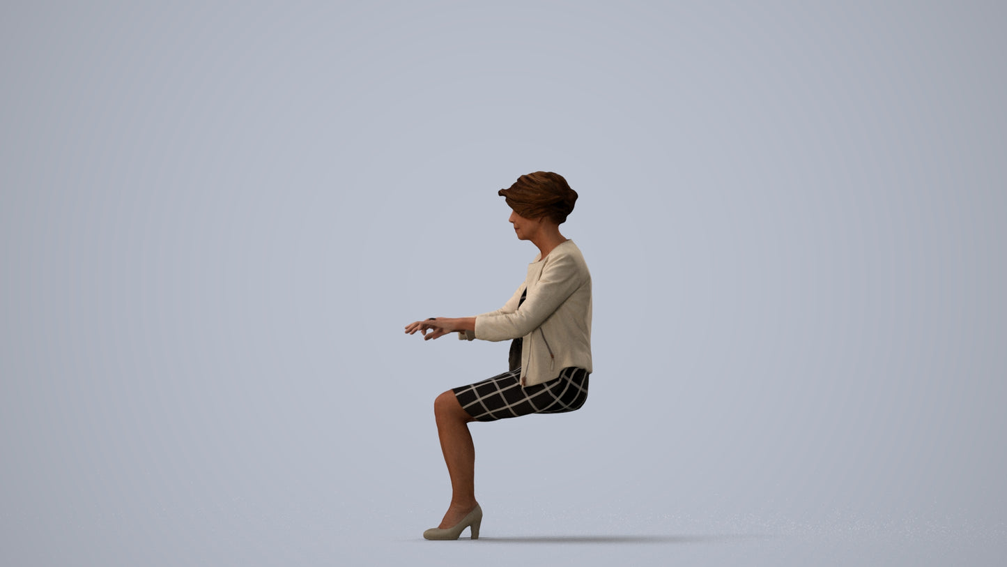 photogrammetry 3D woman business sitting, realistic human model archviz FBX, three-quarter view render