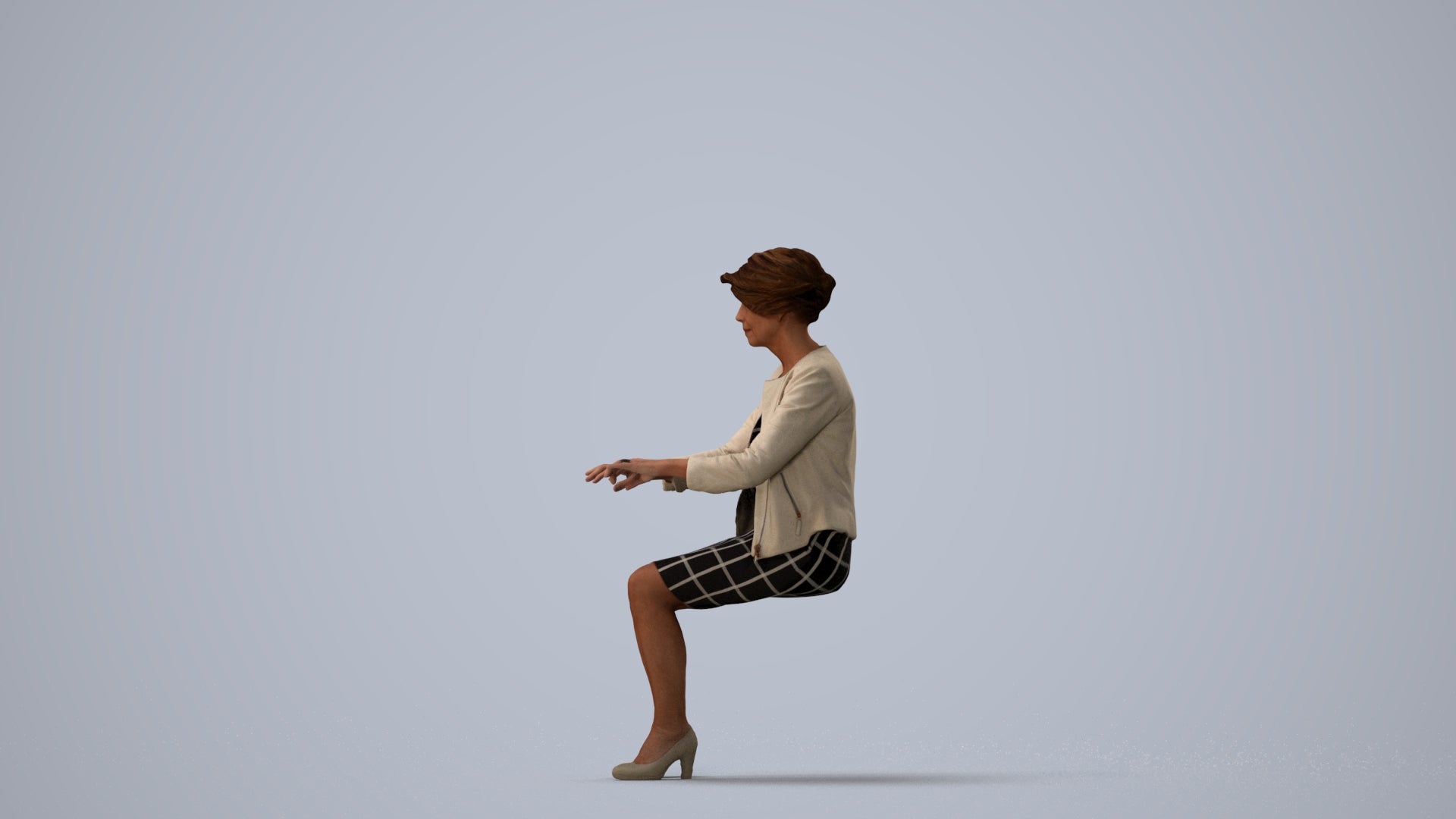 photogrammetry 3D woman business sitting, realistic human model archviz FBX, three-quarter view render