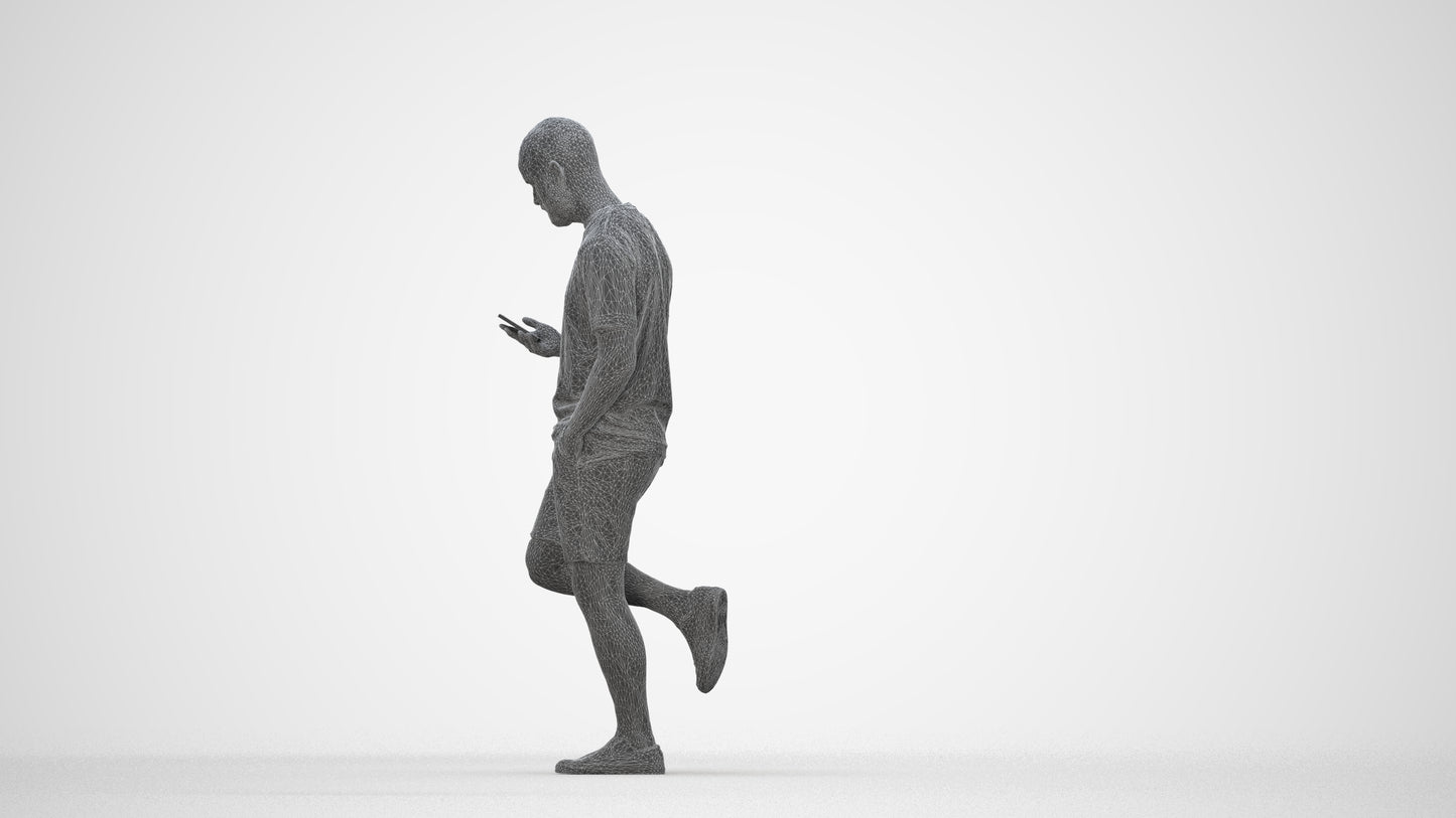 photogrammetry 3D man casual walking, realistic human model archviz FBX, wireframe back view