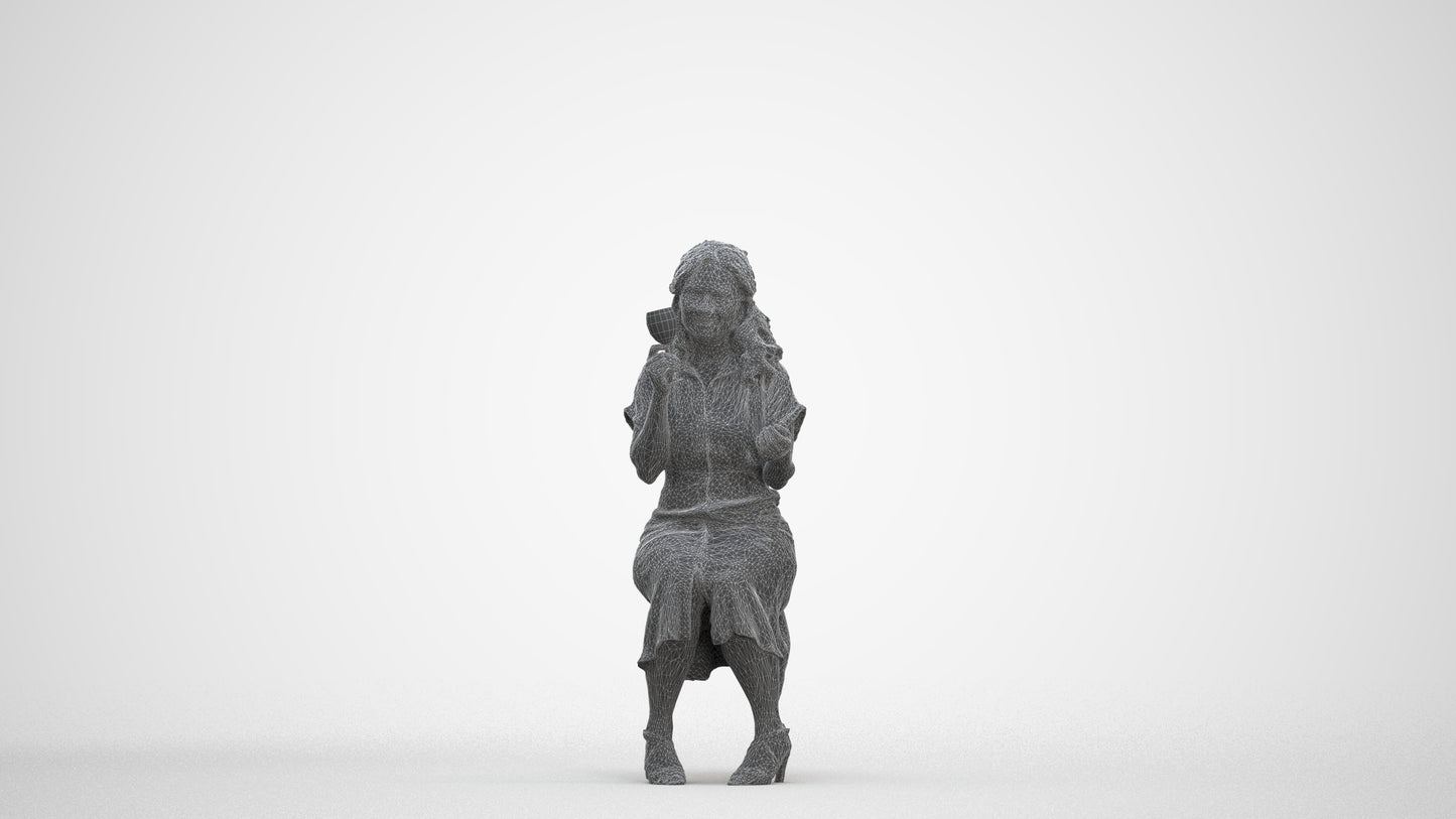 3D human model woman casual sitting, photogrammetry scanned person for archviz, three-quarter front view render
