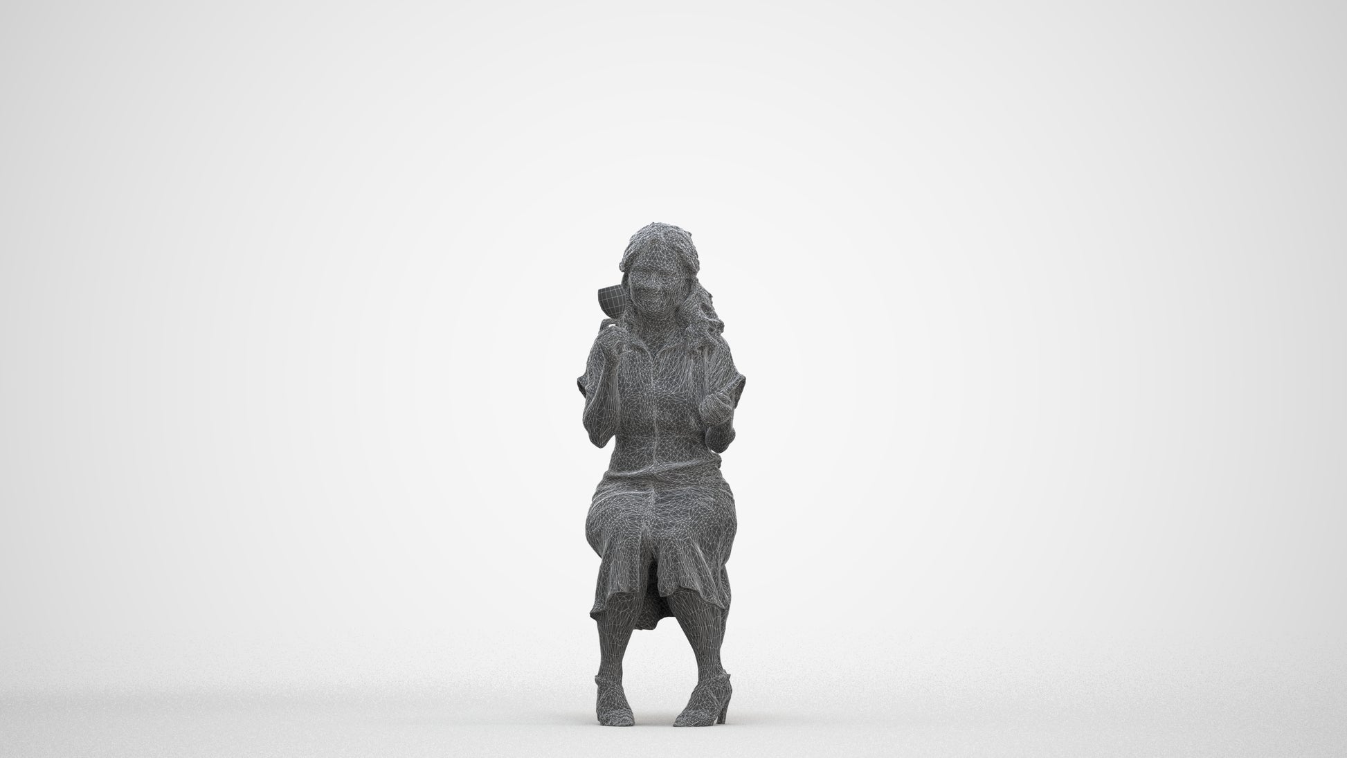 3D human model woman casual sitting, photogrammetry scanned person for archviz, three-quarter front view render