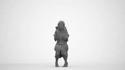 3D human model woman casual sitting, photogrammetry scanned person for archviz, three-quarter front view render