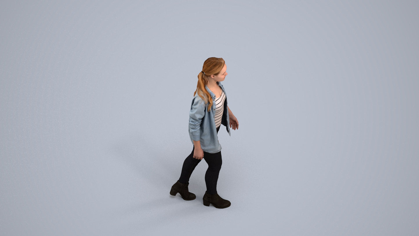 realistic 3D woman casual walking, scanned archviz people for Blender and 3ds Max, back view render