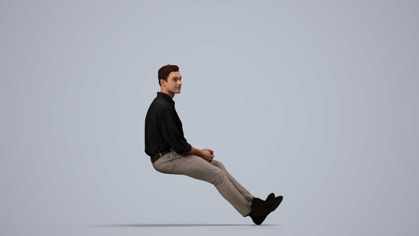 scanned 3D man casual sitting, photogrammetry people for Enscape and V-Ray, side view render