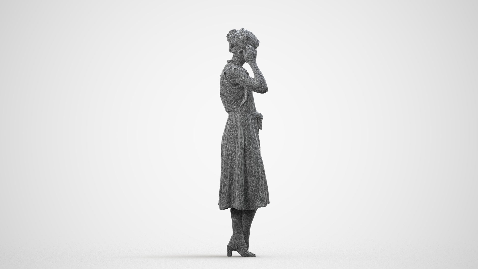 realistic 3D woman casual standing, scanned archviz people for Blender and 3ds Max, wireframe side view