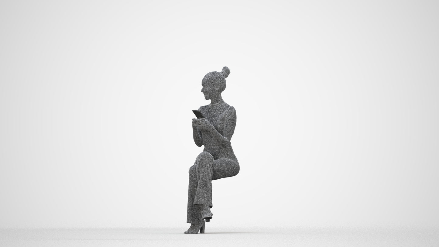photogrammetry 3D woman casual sitting, realistic human model archviz FBX, wireframe back view
