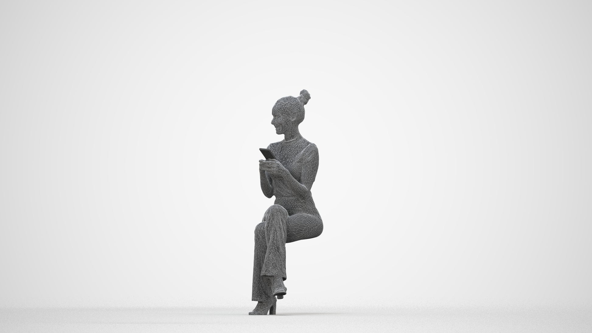 photogrammetry 3D woman casual sitting, realistic human model archviz FBX, wireframe back view