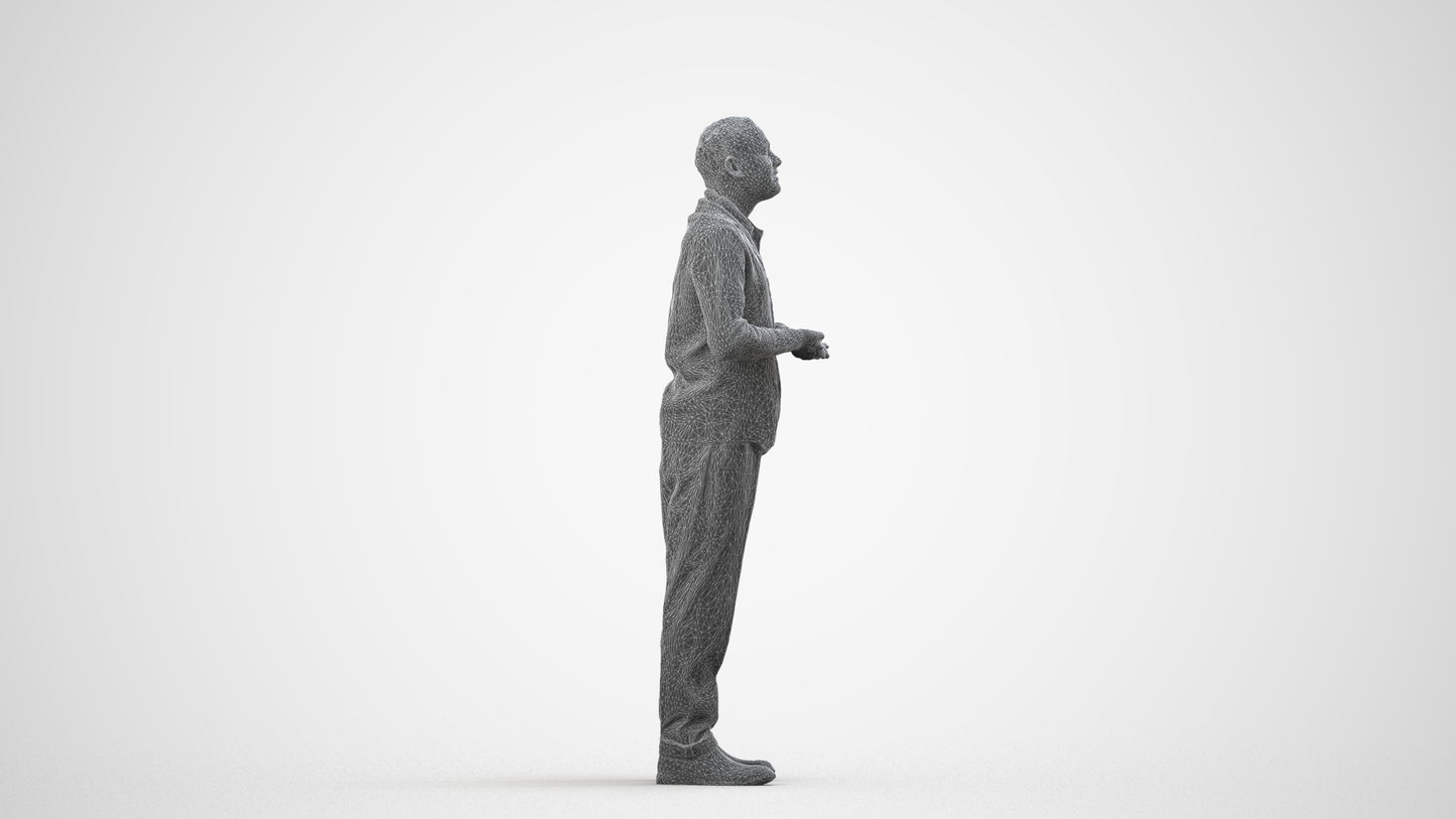 3D scanned man standing business, photorealistic archviz people for Enscape and SketchUp, wireframe side view