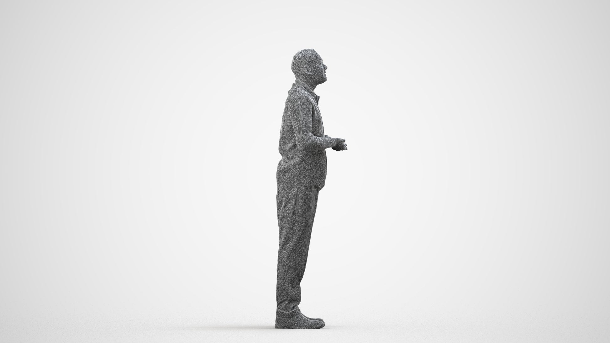 3D scanned man standing business, photorealistic archviz people for Enscape and SketchUp, wireframe side view