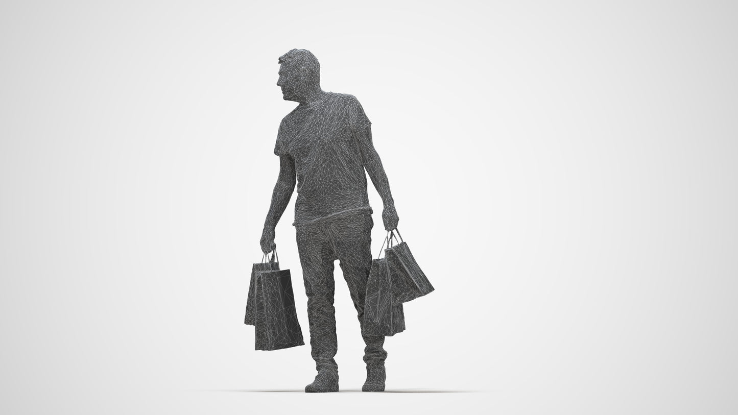 scanned 3D senior man casual shopping, photogrammetry people for Enscape and V-Ray, wireframe back view
