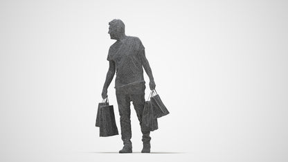 scanned 3D senior man casual shopping, photogrammetry people for Enscape and V-Ray, wireframe back view