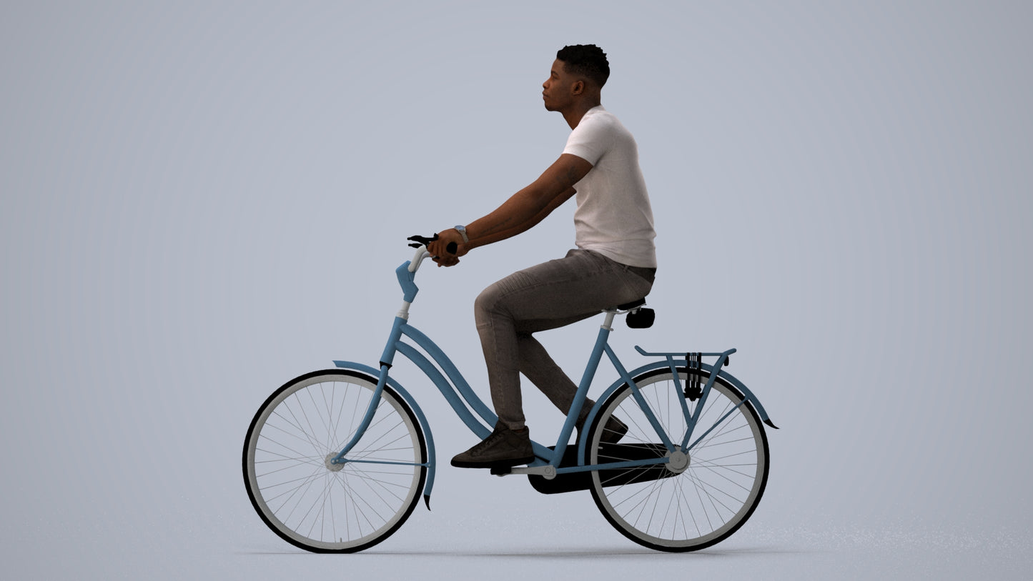 scanned 3D man casual cycling, photogrammetry people for Enscape and V-Ray, three-quarter view render