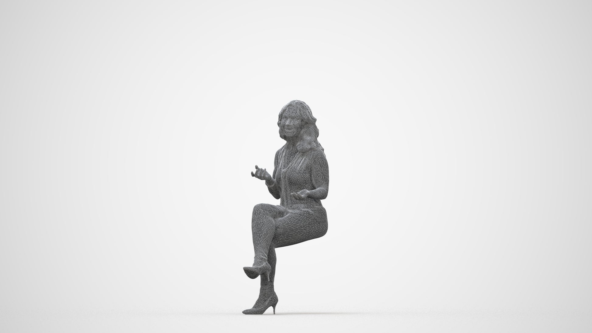 3D human model woman casual sitting, photogrammetry scanned person for archviz, wireframe back view
