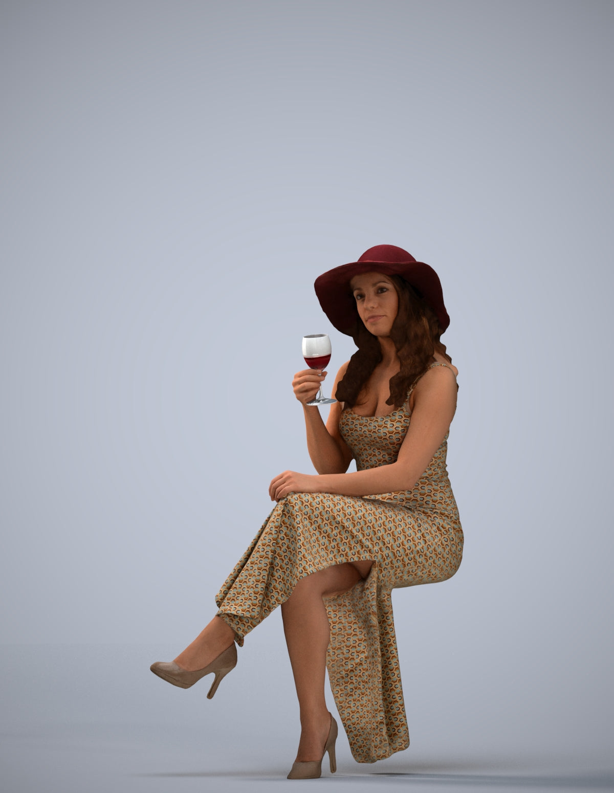 3D human model woman casual sitting, photogrammetry scanned person for archviz