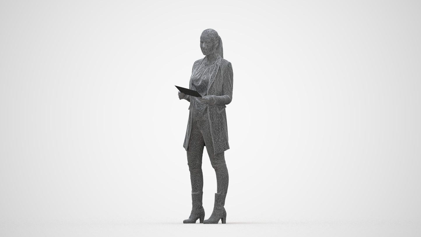 scanned 3D woman business standing, photogrammetry people for Enscape and V-Ray, wireframe back view