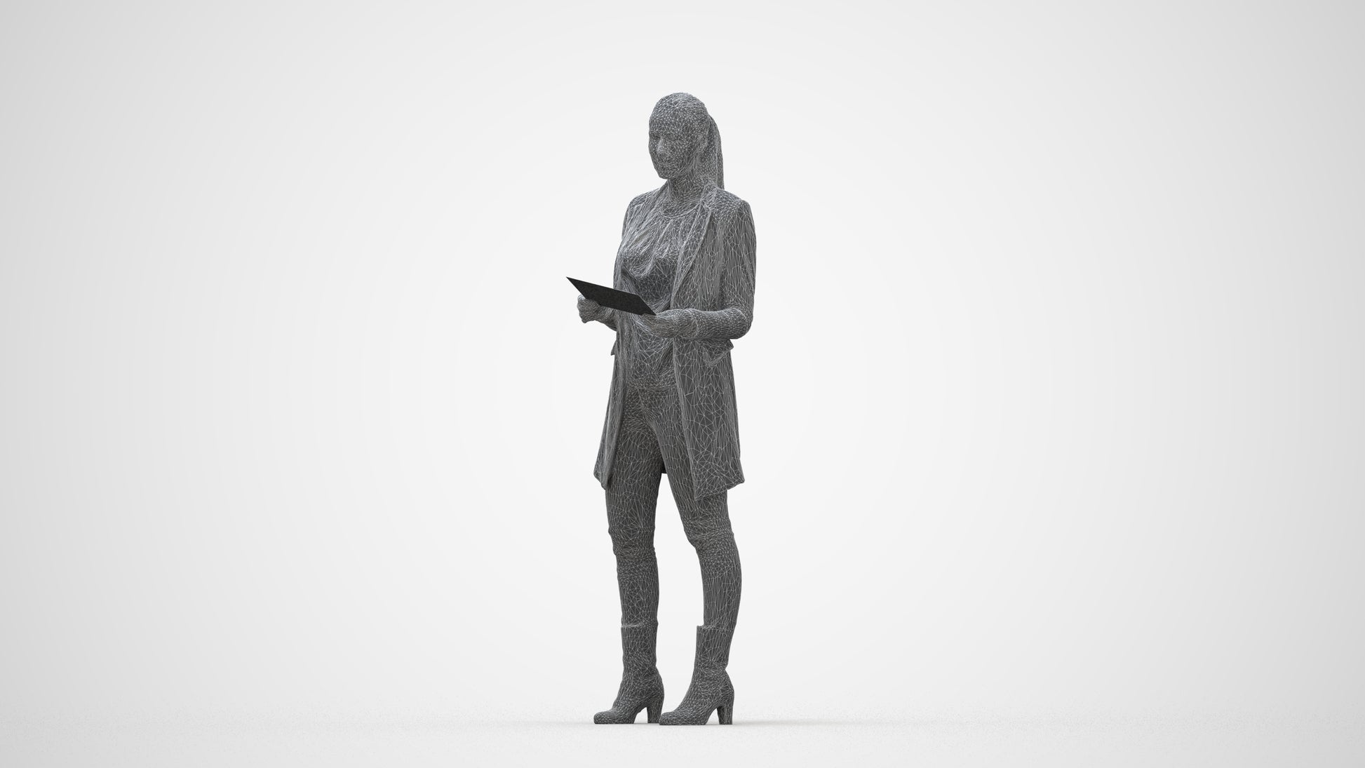 scanned 3D woman business standing, photogrammetry people for Enscape and V-Ray, wireframe back view