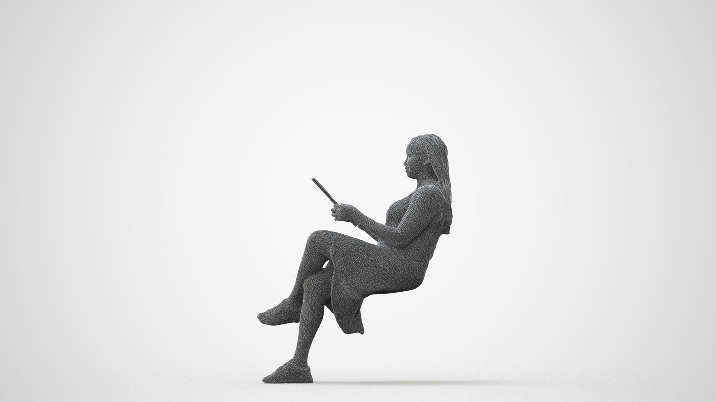 realistic 3D human woman casual sitting, archviz people FBX OBJ for Blender, square thumbnail