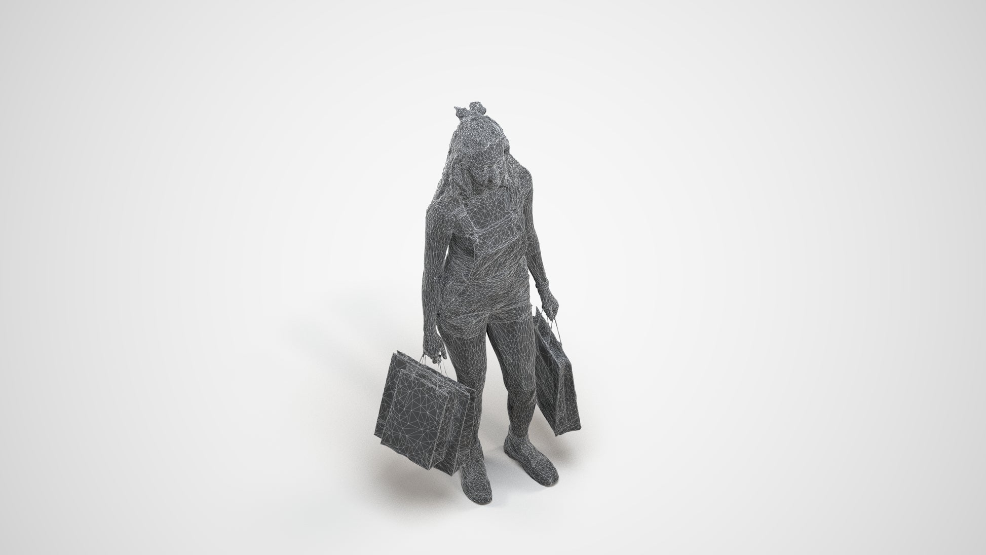 photogrammetry 3D woman casual shopping, realistic human model archviz FBX, wireframe three-quarter view