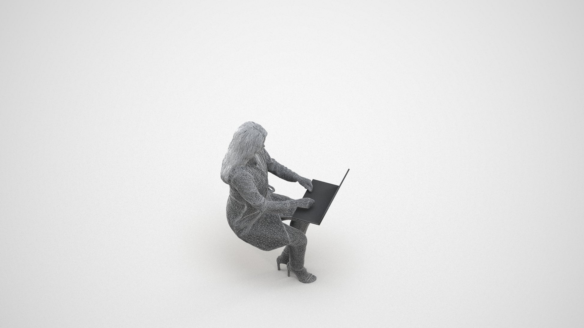 scanned 3D woman business sitting, photogrammetry people for Enscape and V-Ray, wireframe three-quarter view