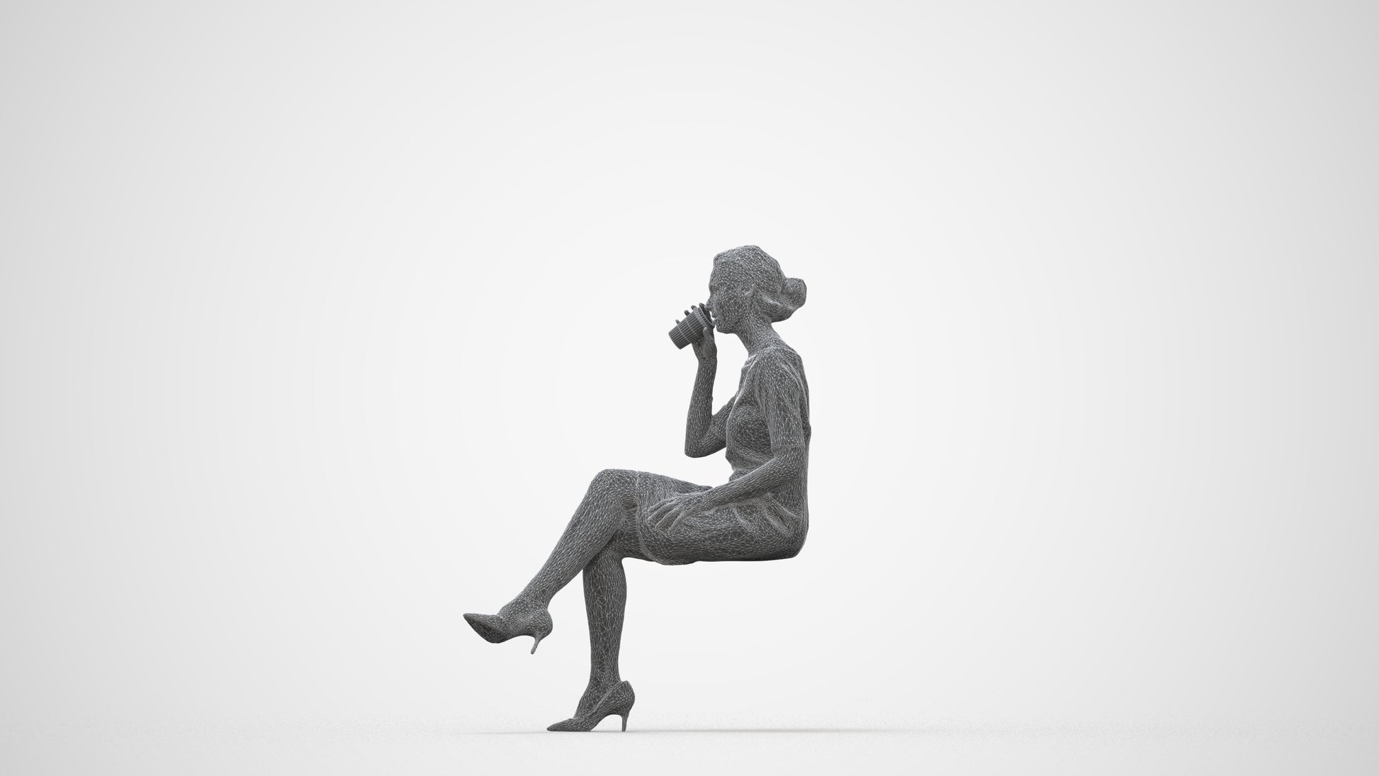 realistic 3D people woman casual sitting, render-ready for V-Ray and Corona, FBX OBJ, wireframe back view