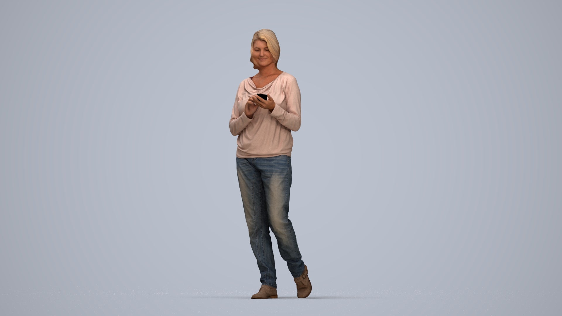 realistic 3D people woman casual walking, render-ready for V-Ray and Corona, FBX OBJ, top-down view render