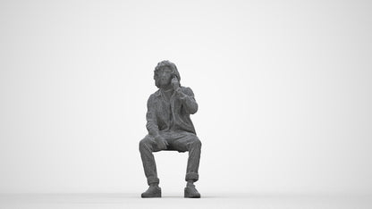 3D human model man casual sitting, photogrammetry scanned person for archviz, wireframe back view