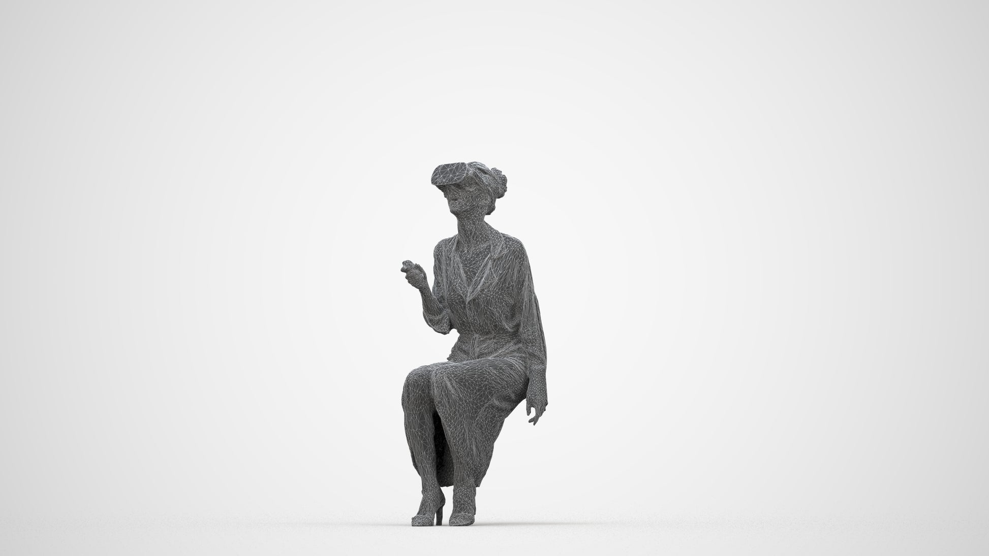 photogrammetry 3D woman casual sitting, realistic human model archviz FBX, wireframe back view