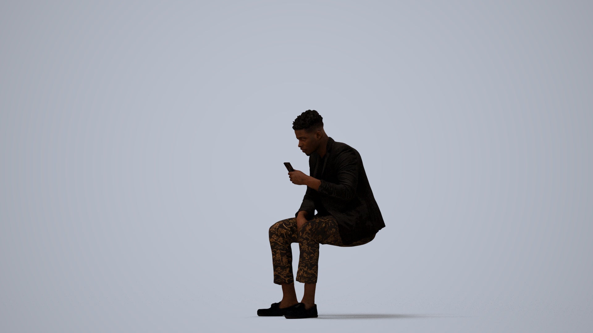 realistic 3D man casual sitting, scanned archviz people for Blender and 3ds Max, three-quarter view render