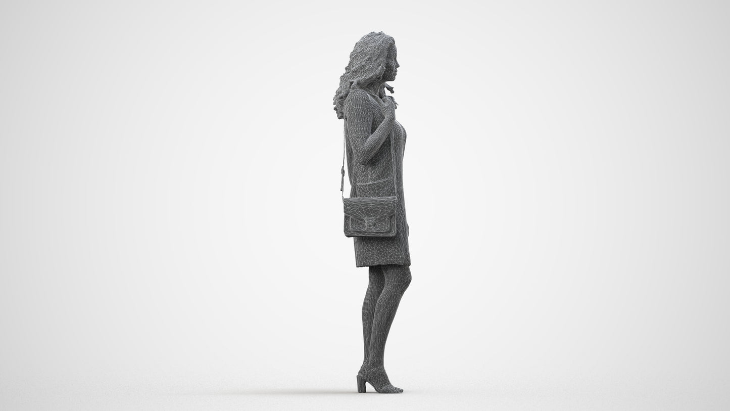 realistic 3D woman business standing, scanned archviz people for Blender and 3ds Max, wireframe side view