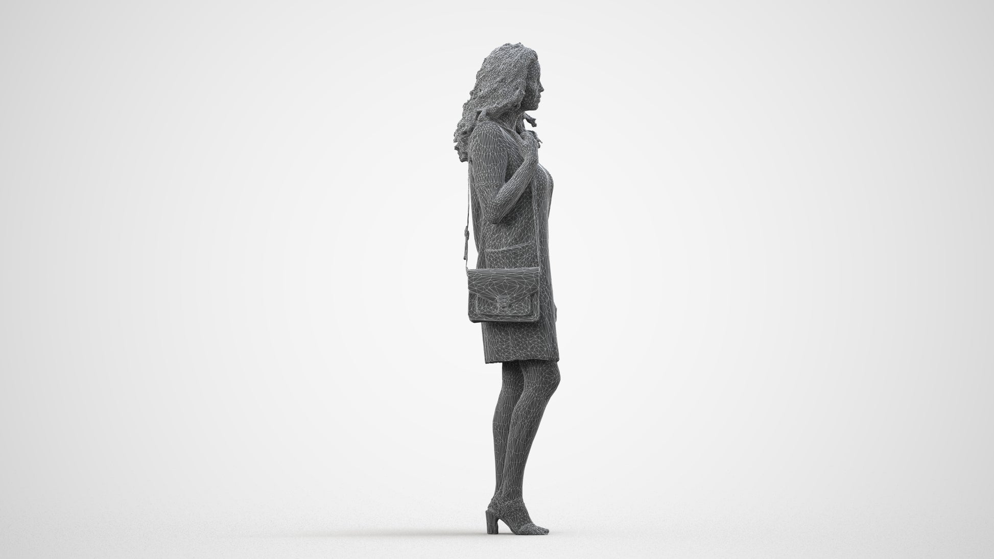 realistic 3D woman business standing, scanned archviz people for Blender and 3ds Max, wireframe side view