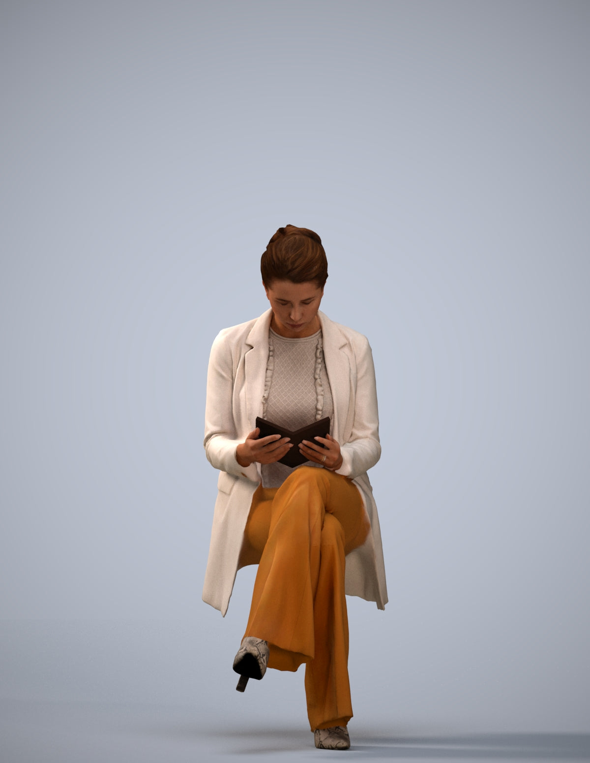 realistic 3D woman business sitting, scanned archviz people for Blender and 3ds Max