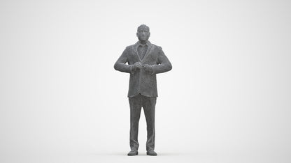 realistic 3D human man business standing, archviz people FBX OBJ for Blender, three-quarter front view render