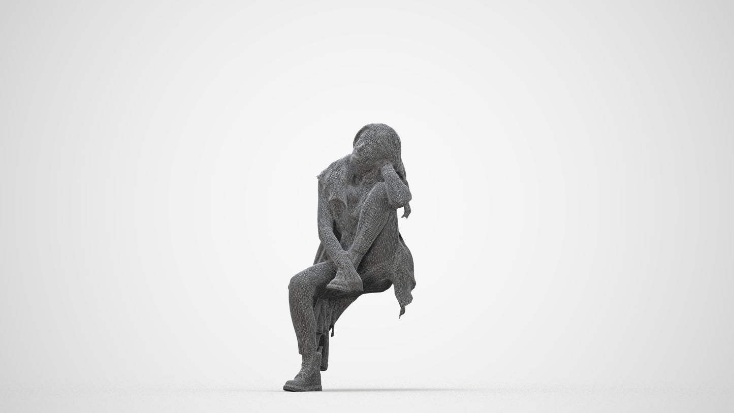 3D scanned woman sitting casual, photorealistic archviz people for Enscape and SketchUp, wireframe back view