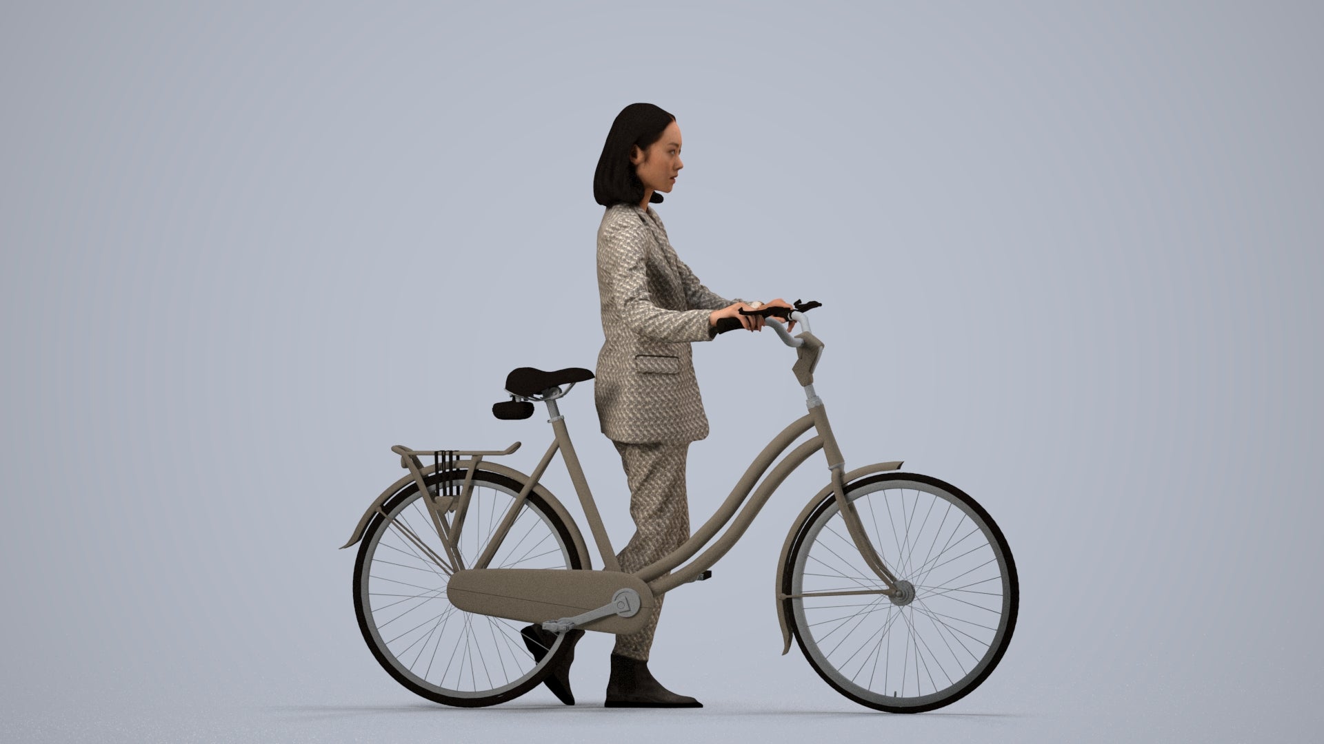 realistic 3D woman business cycling, scanned archviz people for Blender and 3ds Max, side view render