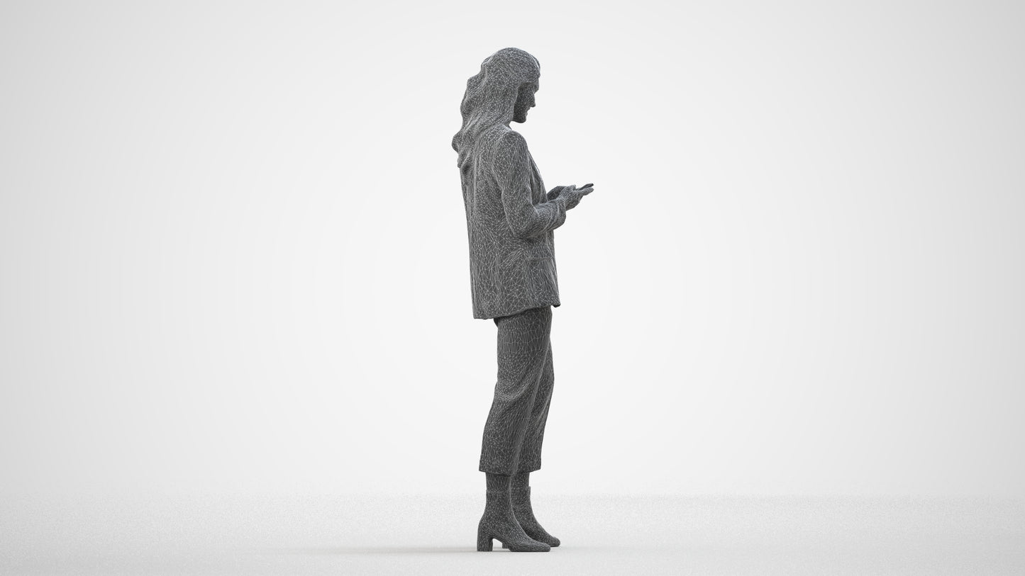 3D human model woman business, photogrammetry scanned person for archviz, wireframe side view