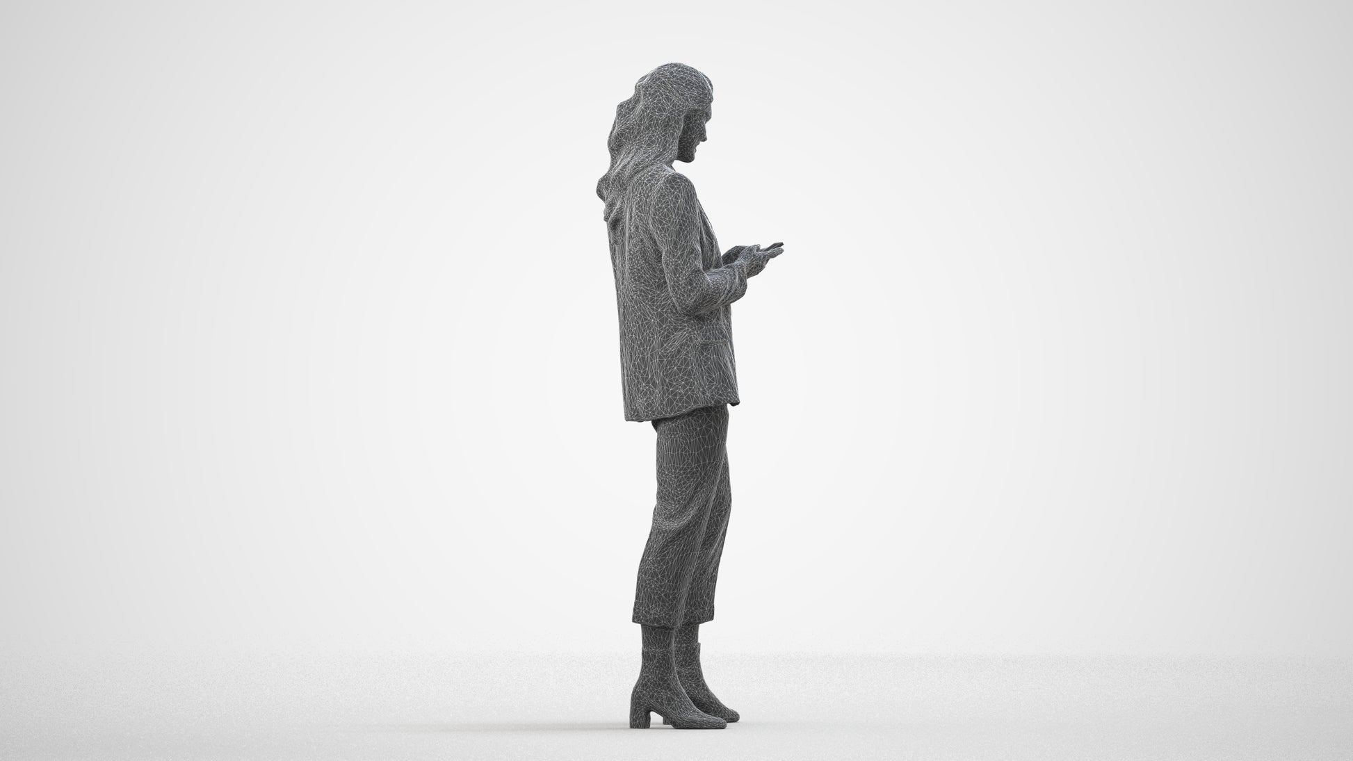 3D human model woman business, photogrammetry scanned person for archviz, wireframe side view