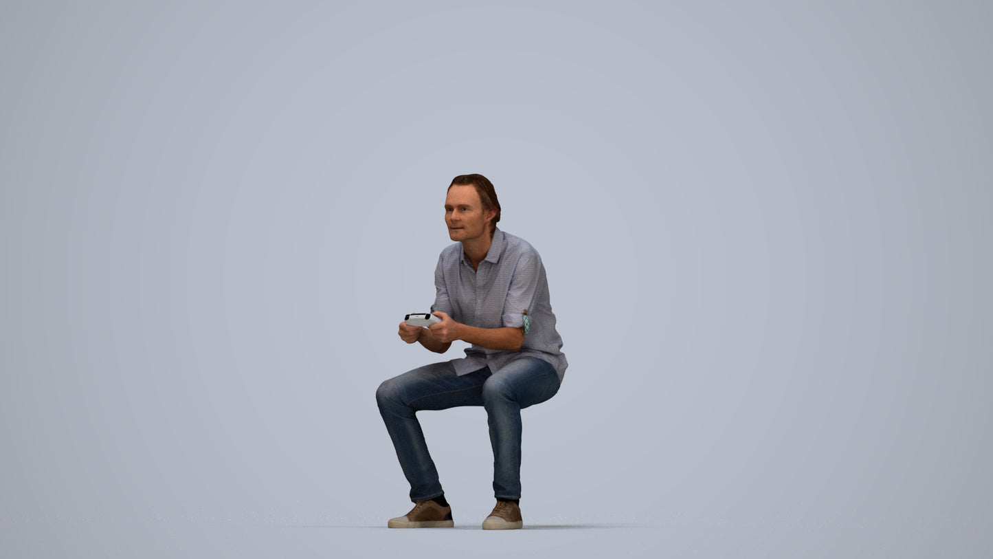 photogrammetry 3D man casual sitting, realistic human model archviz FBX, top-down view render