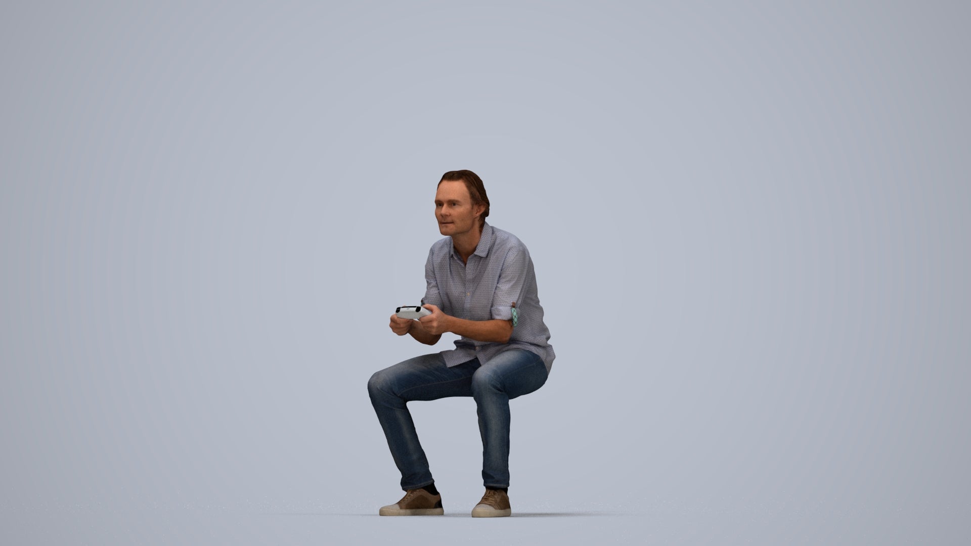 photogrammetry 3D man casual sitting, realistic human model archviz FBX, top-down view render
