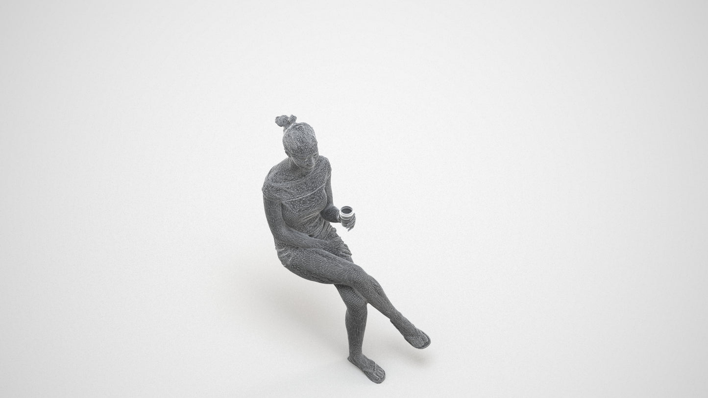 realistic 3D human girl casual sitting, archviz people FBX OBJ for Blender, wireframe three-quarter view