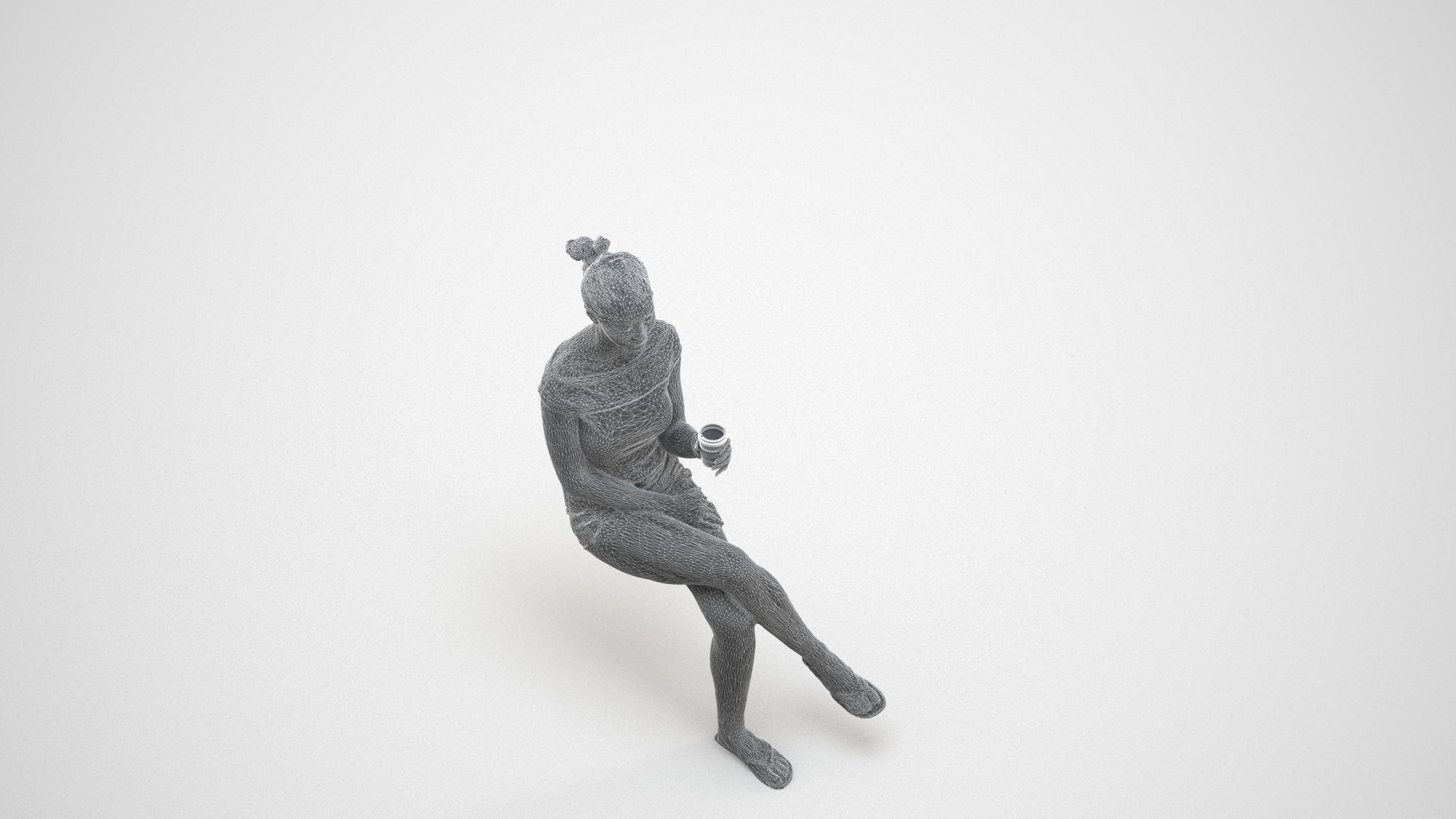 realistic 3D human girl casual sitting, archviz people FBX OBJ for Blender, wireframe three-quarter view