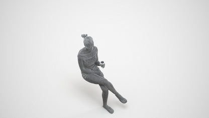 realistic 3D human girl casual sitting, archviz people FBX OBJ for Blender, wireframe three-quarter view