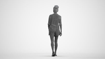 3D human model woman casual standing, photogrammetry scanned person for archviz, wireframe front view