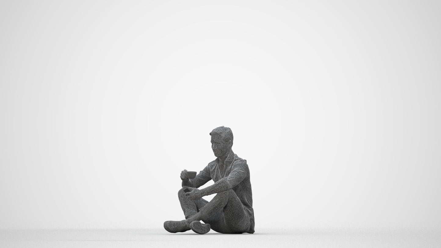 3D scanned man sitting casual, photorealistic archviz people for Enscape and SketchUp, wireframe back view