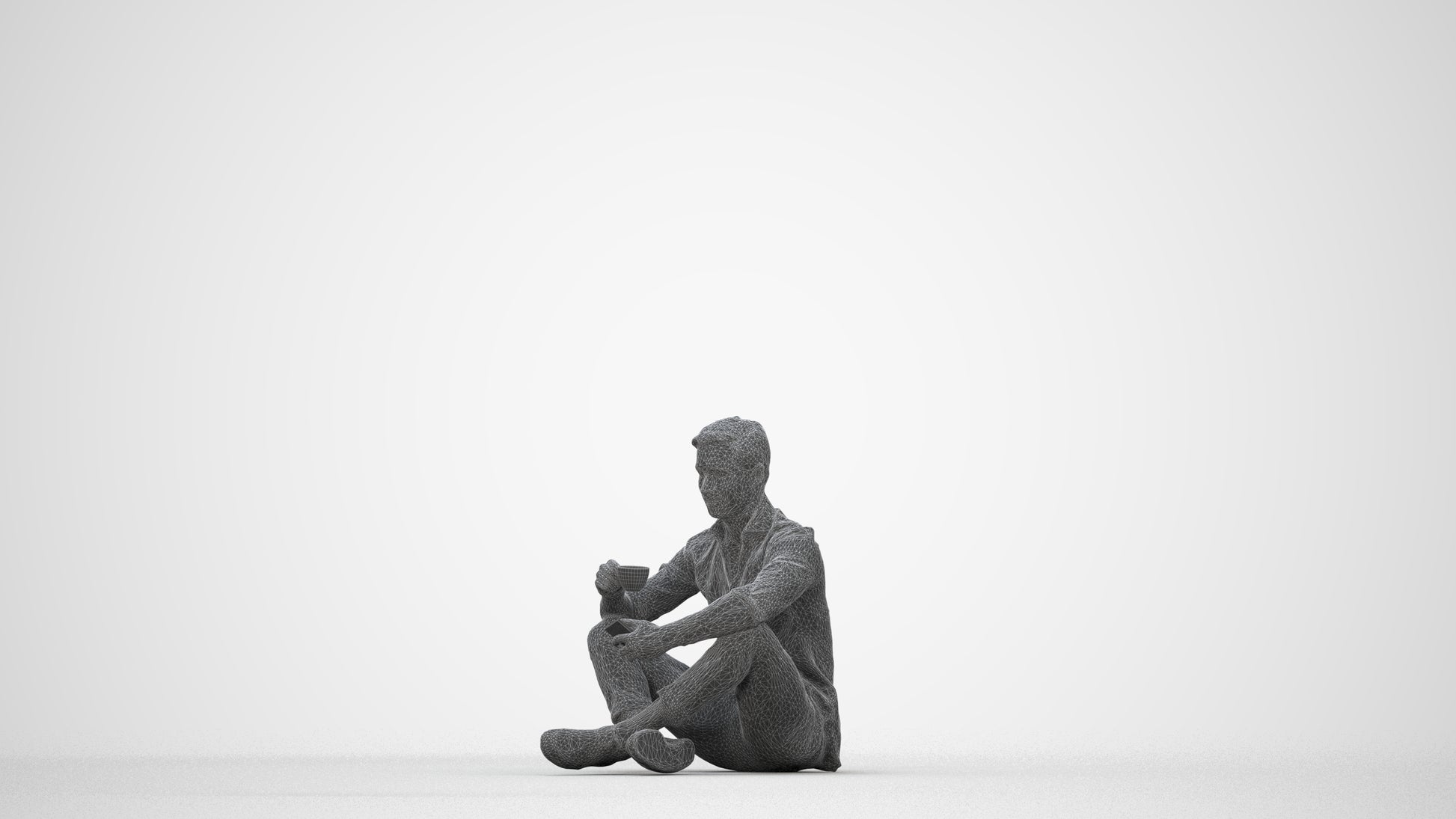 3D scanned man sitting casual, photorealistic archviz people for Enscape and SketchUp, wireframe back view