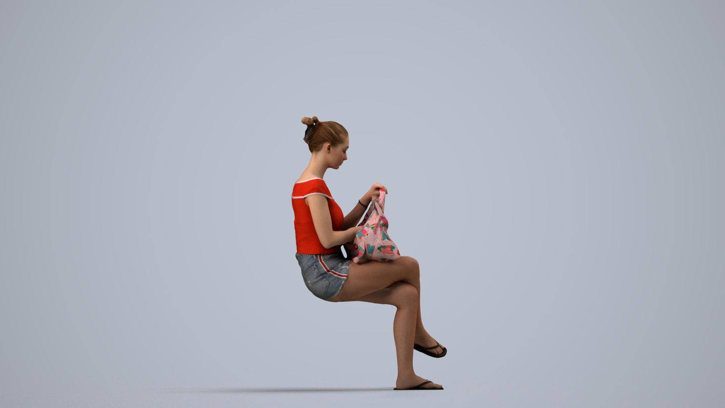 3D human model girl casual sitting, photogrammetry scanned person for archviz, side view render