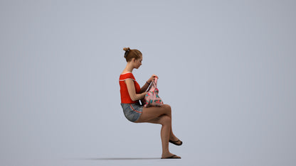 3D human model girl casual sitting, photogrammetry scanned person for archviz, side view render