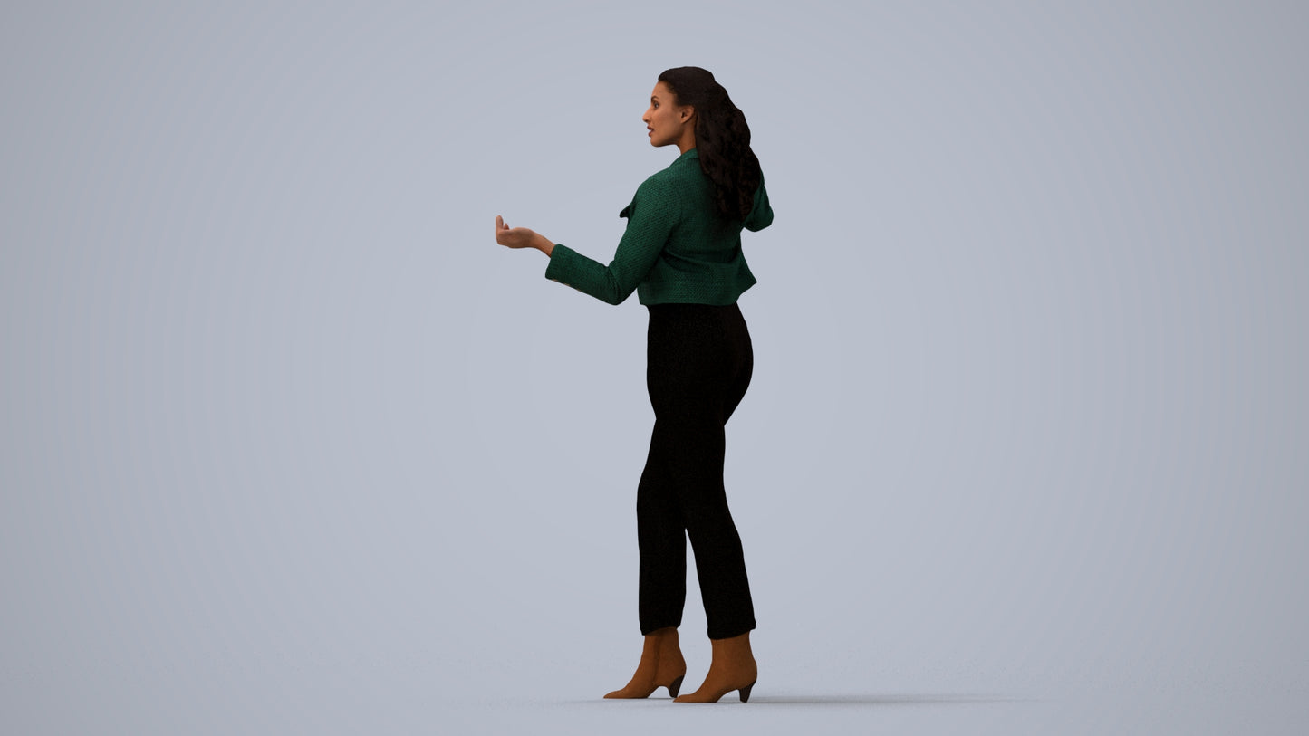 3D scanned woman standing business, photorealistic archviz people for Enscape and SketchUp, three-quarter view render