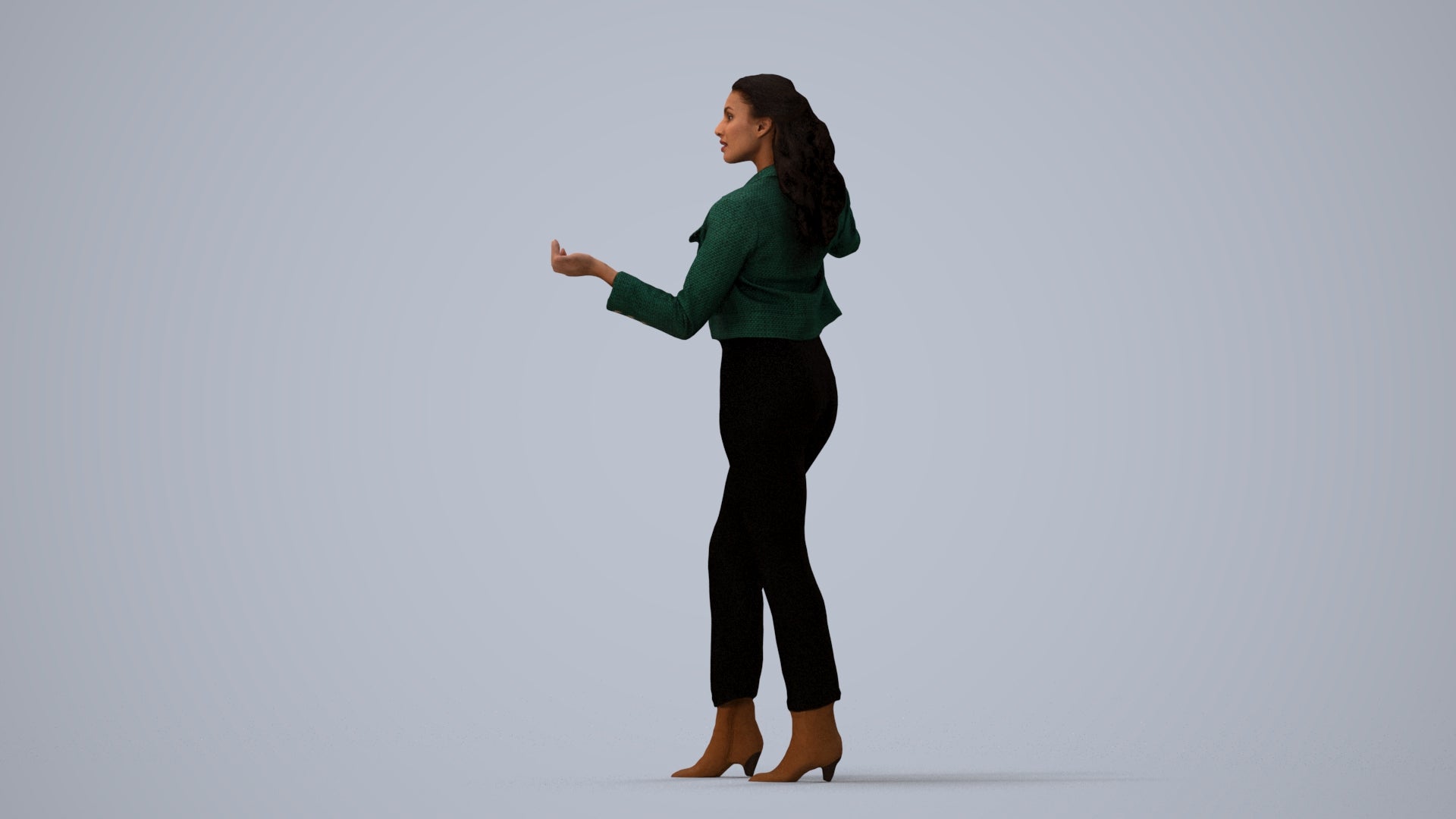 3D scanned woman standing business, photorealistic archviz people for Enscape and SketchUp, three-quarter view render